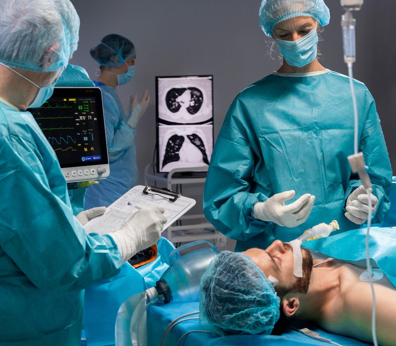 Equipo de médicos especialistas realizando procedimiento de endoscopia a paciente bajo sedación en sala clínica con monitoreo de signos vitales