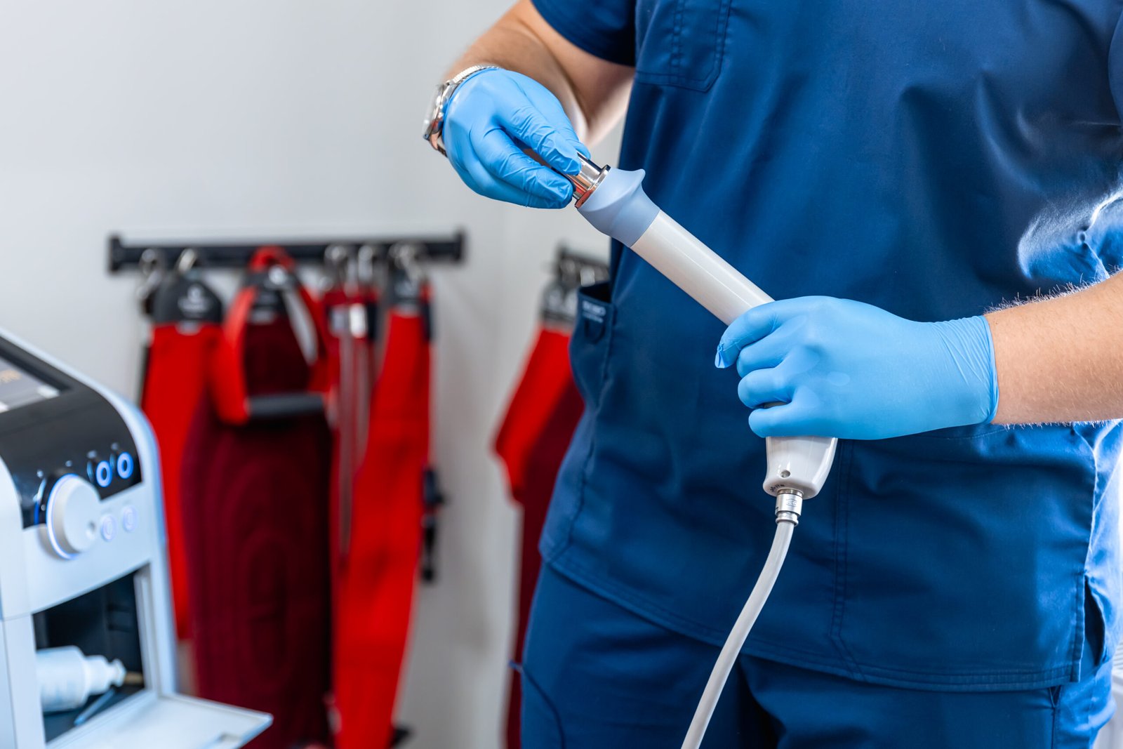 Médico especialista en gastroenterología con guantes quirúrgicos sosteniendo equipo médico para realizar una colonoscopia en Cartagena