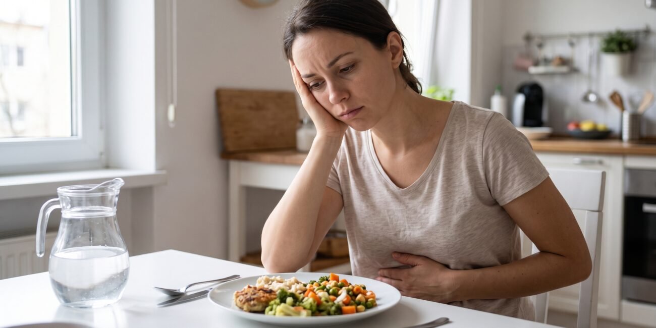 Persona con sensación de llenura y saciedad temprana después de comer