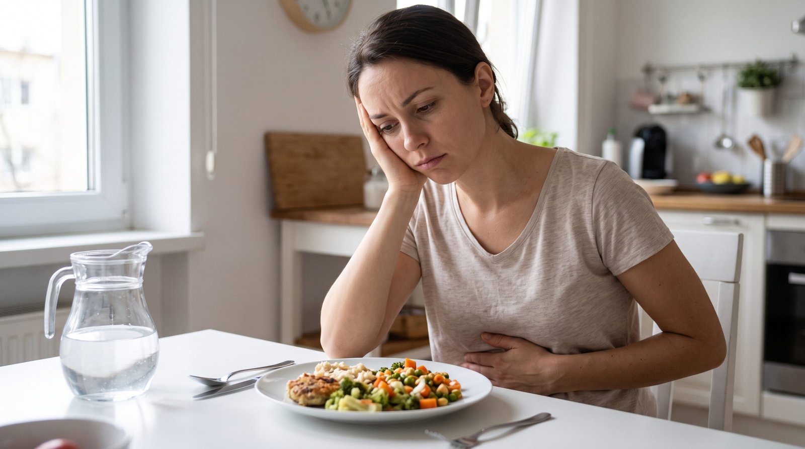 Persona con sensación de llenura y saciedad temprana después de comer