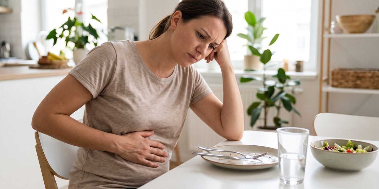 Persona con inflamación abdominal después de comer