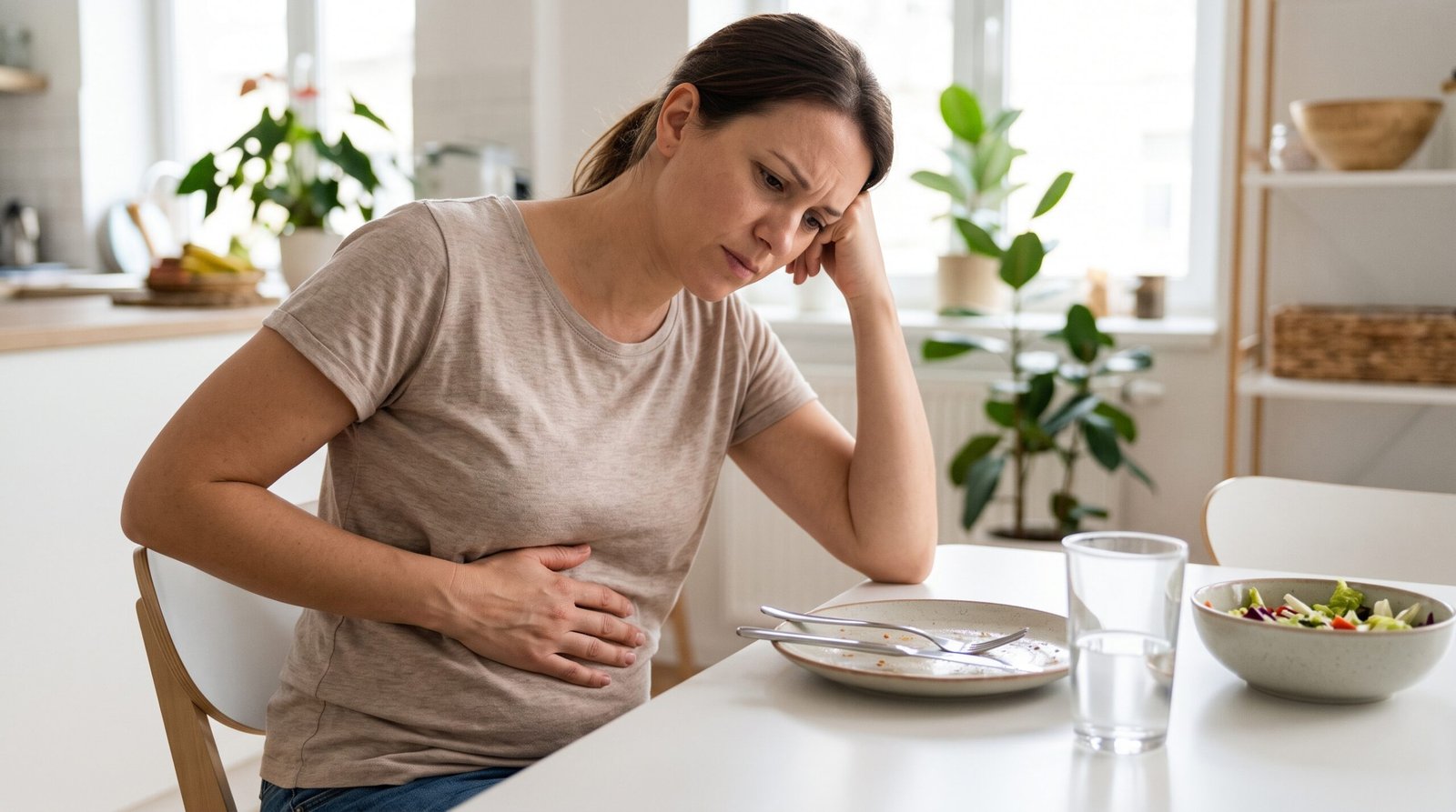 Persona con inflamación abdominal después de comer